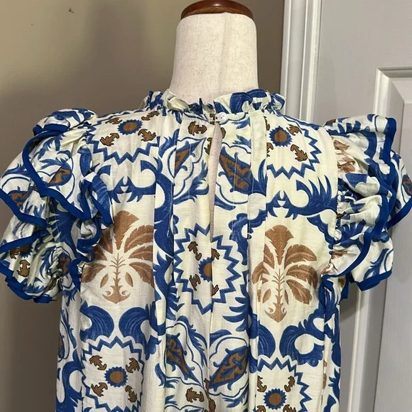 Umgee Boho Double Ruffle Sleeve Mini Dress in Blue Multi - Picture 7 of 9